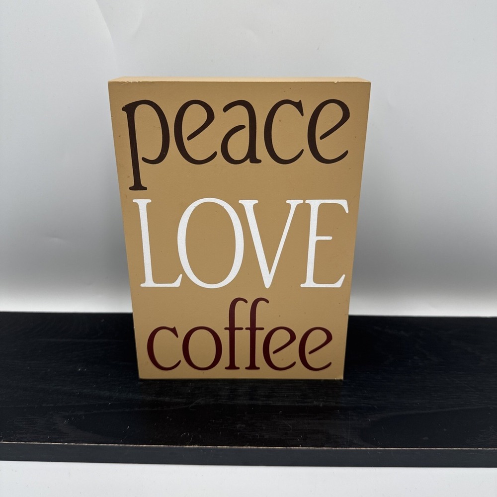 Mud Pie Peace Love Coffee Box Sign Tan 5x7 Wood Coffee Bar Decor Home